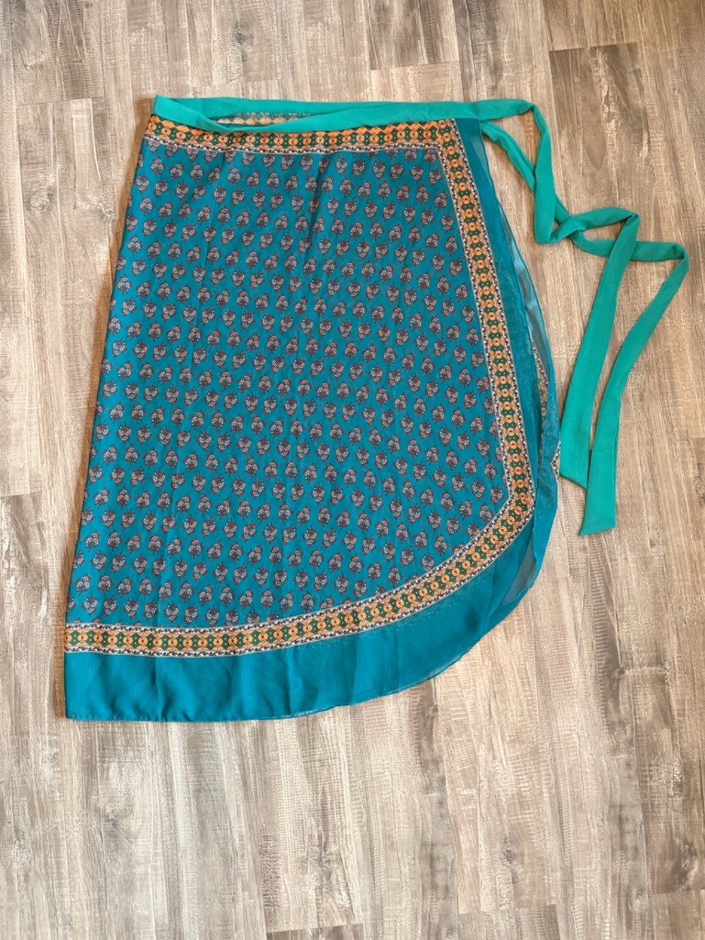 Teal Floral Wrap Skirt with Gold Accent